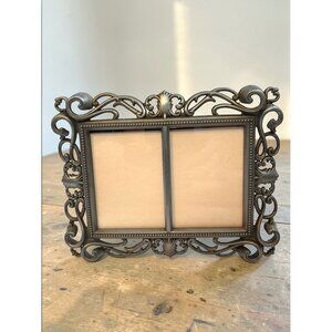 Antique-Style Ornate Pewter Double Photo Frame With Scrollwork Design